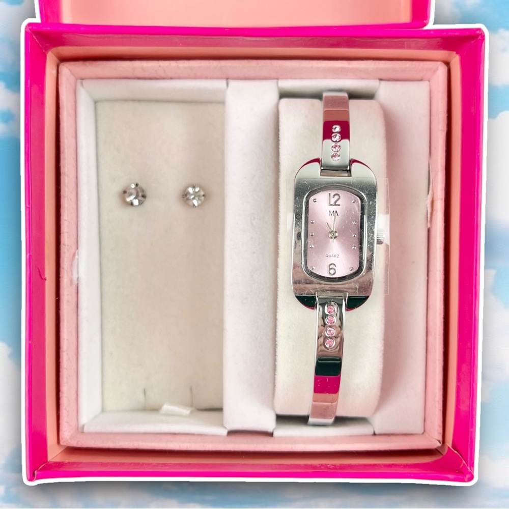 💙 BNIB Y2k Vintage Bracelet Watch & Rhinestone Stud Earrings Set Silver Pink